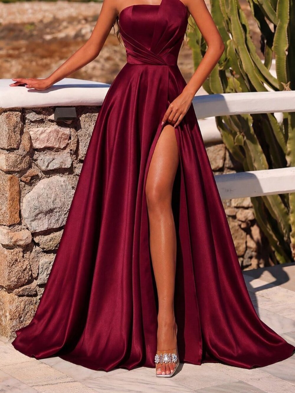 Burgundy Elegant Women's Ruched High Waist High Slit Backless Tie Dress